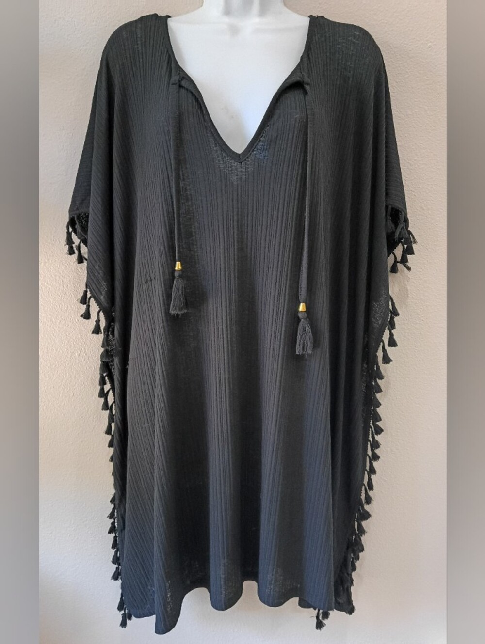Black Boho V-Neck Swim Cover-Up with Fringe Tassles  XL 16 18 XL